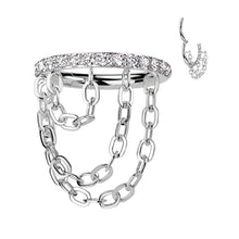 Load image into Gallery viewer, Implant Grade Titanium Hinged Segment Hoop Ring With Outward Facing CNC Set CZ and Triple Chain Link Dangle