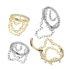 Load image into Gallery viewer, Implant Grade Titanium Hinged Segment Hoop Ring With Outward Facing CNC Set CZ and Triple Chain Link Dangle
