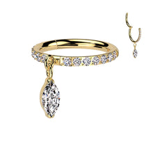 Load image into Gallery viewer, Titanium Hinged Segment Hoop Ring With Front Facing CNC Set CZ and Marquise CZ Dangle