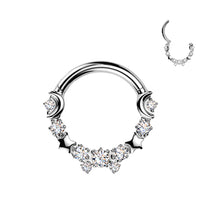 Load image into Gallery viewer, Titanium Hinged Crescent Moon and Star Segment Hoop Ring With Round CZs