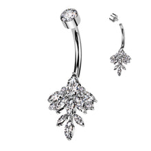 Load image into Gallery viewer, Implant Grade Titanium Internally Threaded Belly Button Ring | Bezel Set CZ Marquise Leaf Vine Design