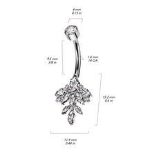 Load image into Gallery viewer, Implant Grade Titanium Internally Threaded Belly Button Ring | Bezel Set CZ Marquise Leaf Vine Design