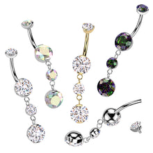 Load image into Gallery viewer, Titanium Internally Threaded Double Prong Set Belly Button Ring | Dual Round Dangle