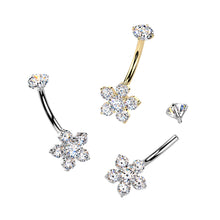 Load image into Gallery viewer, Titanium Internally Threaded Belly Ring | Prong Set CZ Top with Flower Design Navel Jewellery