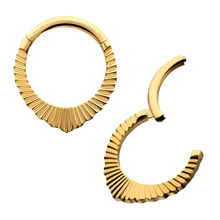 Load image into Gallery viewer, 24Kt Gold PVD or HP Titanium Radiant Pointed Hoop Front Facing Hinged Segment Clicker 1.2x8mm