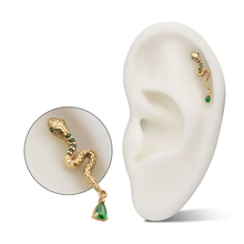 Load image into Gallery viewer, Initial Piercing - 14Kt Yellow Gold Threadless Enchanted Serpent Top with Teardrop Emerald Dangle labret