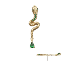 Load image into Gallery viewer, Initial Piercing - 14Kt Yellow Gold Threadless Enchanted Serpent Top with Teardrop Emerald Dangle labret