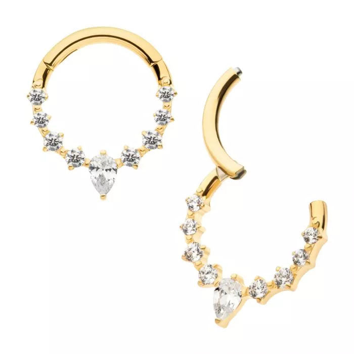 Titanium 9-Cluster Gold Plated Prong Set Round & Teardrop CZ Front Facing Hinged Segment Clicker