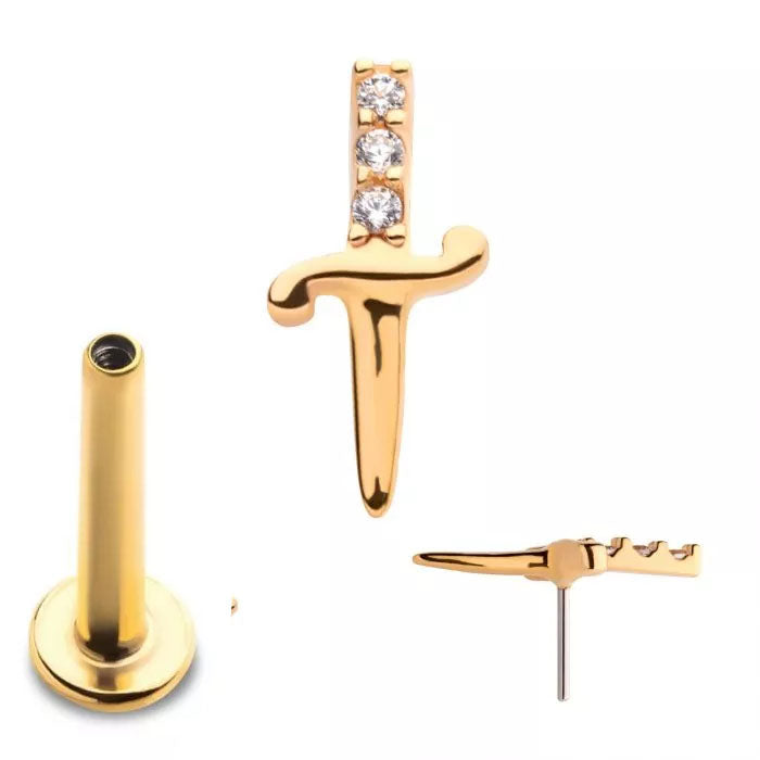 Initial Piercing - 14k Yellow Gold Dagger Labret with CZ Handle