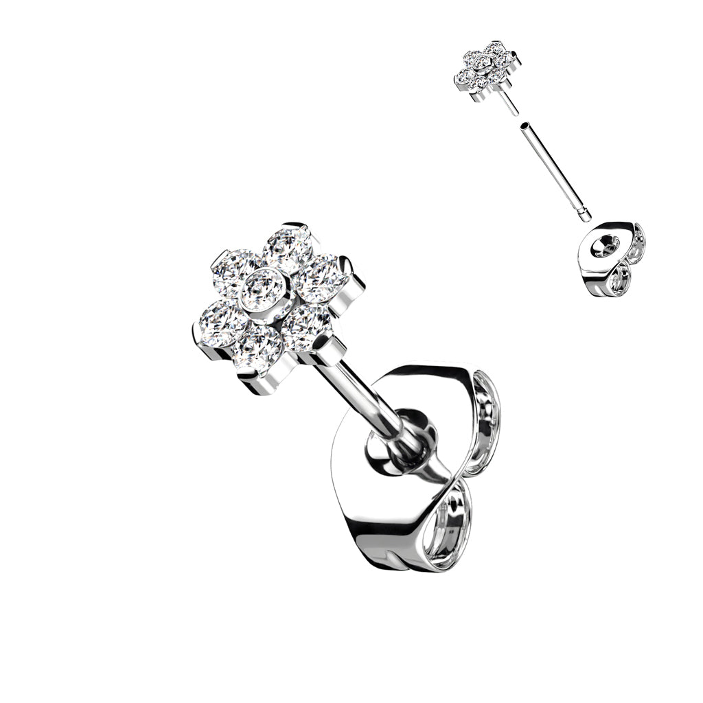 Implant Grade Titanium Threadless Earring Stud With CZ Flower Top - Single earring
