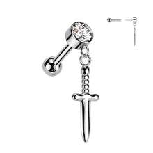 Load image into Gallery viewer, Implant Grade Titanium Threadless Push In Cartilage Barbell With Round Bezel Set CZ and Dagger Dangle Top
