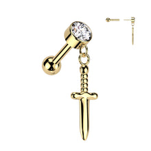 Load image into Gallery viewer, Implant Grade Titanium Threadless Push In Cartilage Barbell With Round Bezel Set CZ and Dagger Dangle Top
