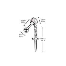Load image into Gallery viewer, Implant Grade Titanium Threadless Push In Cartilage Barbell With Round Bezel Set CZ and Dagger Dangle Top
