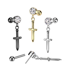 Load image into Gallery viewer, Implant Grade Titanium Threadless Push In Cartilage Barbell With Round Bezel Set CZ and Dagger Dangle Top
