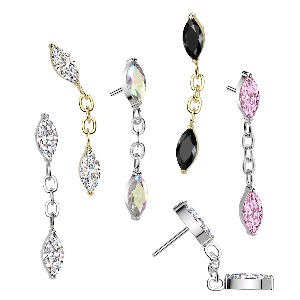Implant Grade Titanium Threadless Push In Marquise CZ With Marquise CZ Dangle Labret