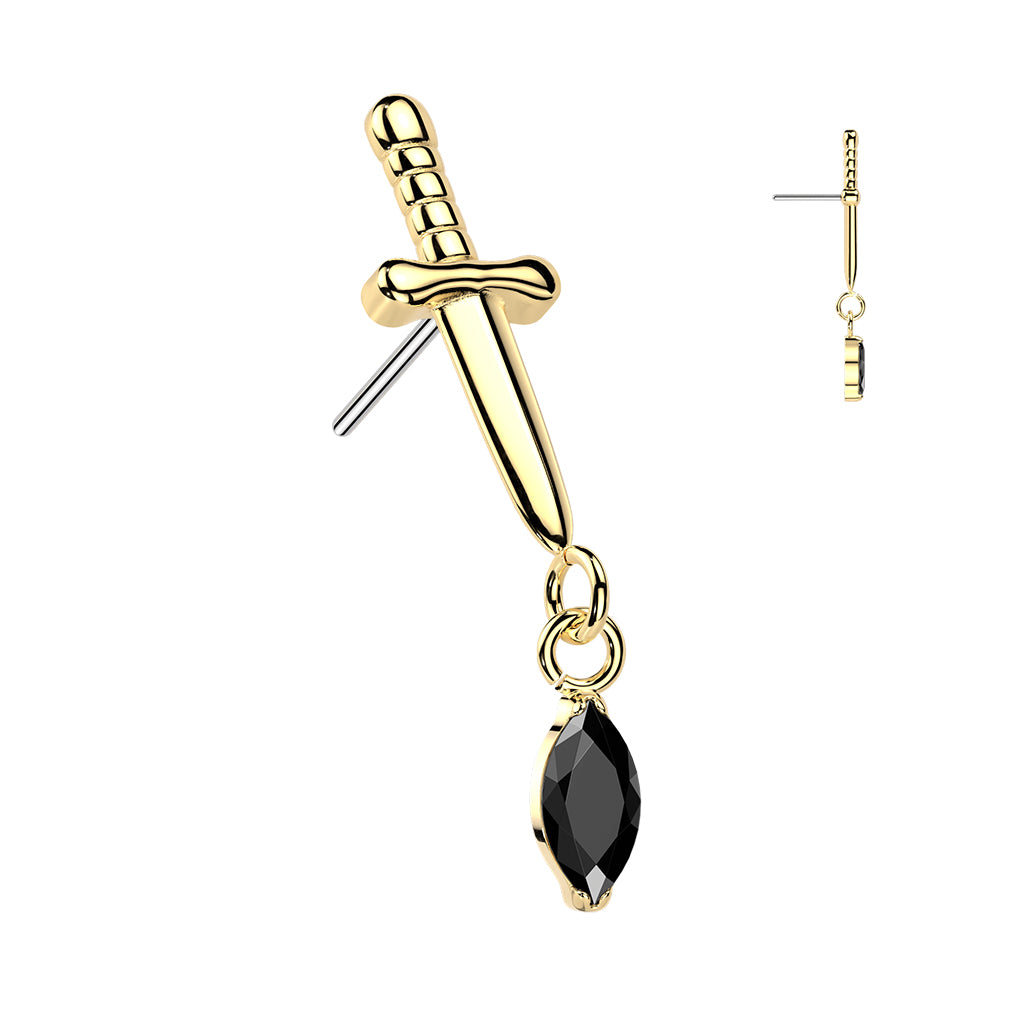 Titanium Threadless Push In Dagger Top With Marquise CZ Dangle