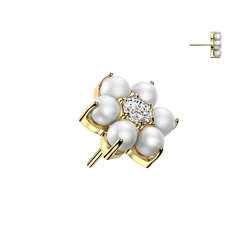 Titanium Threadless Push In Pearl Set With CZ Center Flower Top