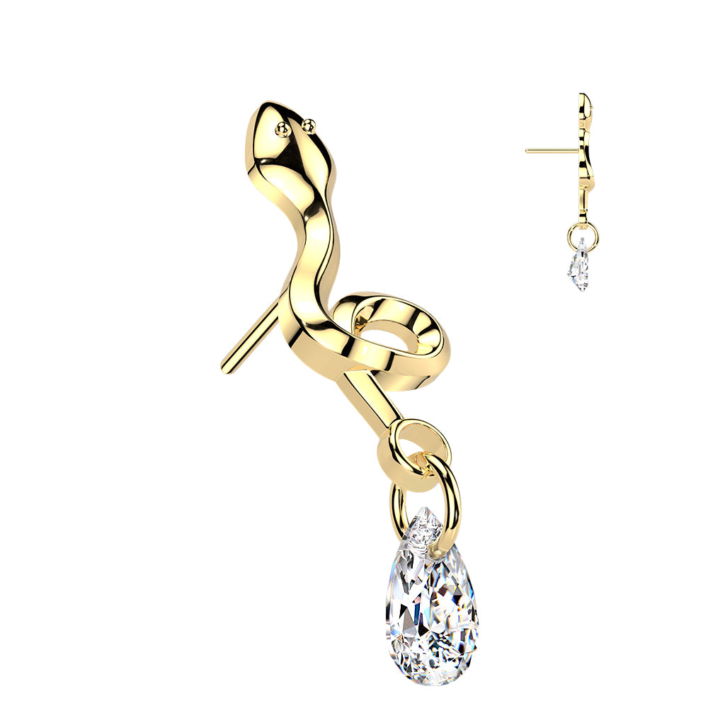 Titanium Threadless Push In Snake With Teardrop CZ Dangle Labret