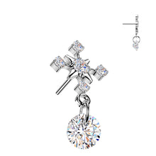 Load image into Gallery viewer, Titanium Threadless Push In CZ Cross Top With CZ Dangle labret
