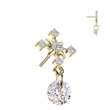 Load image into Gallery viewer, Titanium Threadless Push In CZ Cross Top With CZ Dangle labret
