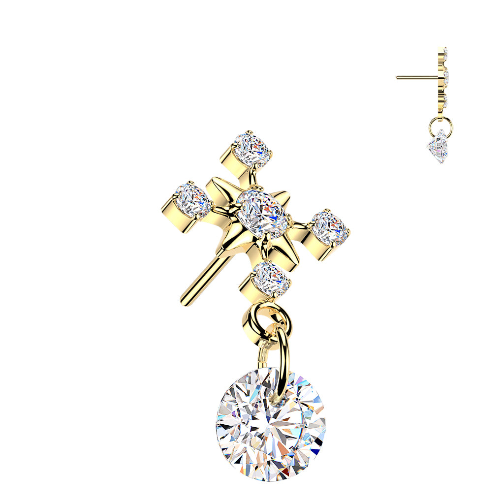 Titanium Threadless Push In CZ Cross Top With CZ Dangle labret