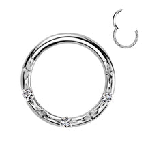 Load image into Gallery viewer, Titanium Hinged Segment Hoop Ring With CNC Set CZ and Faceted Cuts 1.2x10mm
