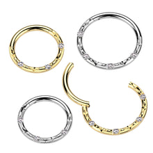 Load image into Gallery viewer, Titanium Hinged Segment Hoop Ring With CNC Set CZ and Faceted Cuts 1.2x10mm
