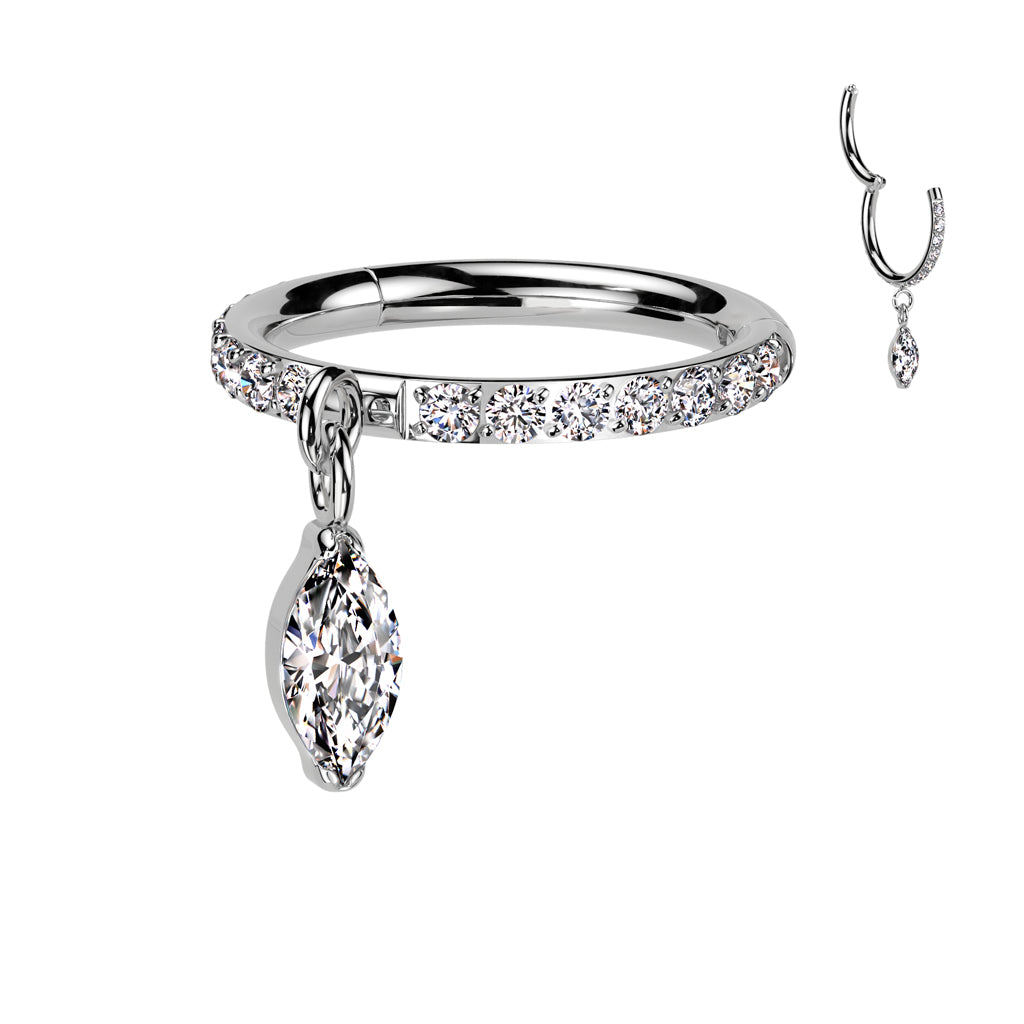 Titanium Hinged Segment Hoop Ring With Front Facing CNC Set CZ and Marquise CZ Dangle