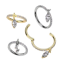 Load image into Gallery viewer, Titanium Hinged Segment Hoop Ring With Front Facing CNC Set CZ and Marquise CZ Dangle
