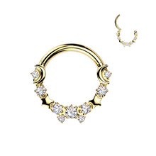Load image into Gallery viewer, Titanium Hinged Crescent Moon and Star Segment Hoop Ring With Round CZs
