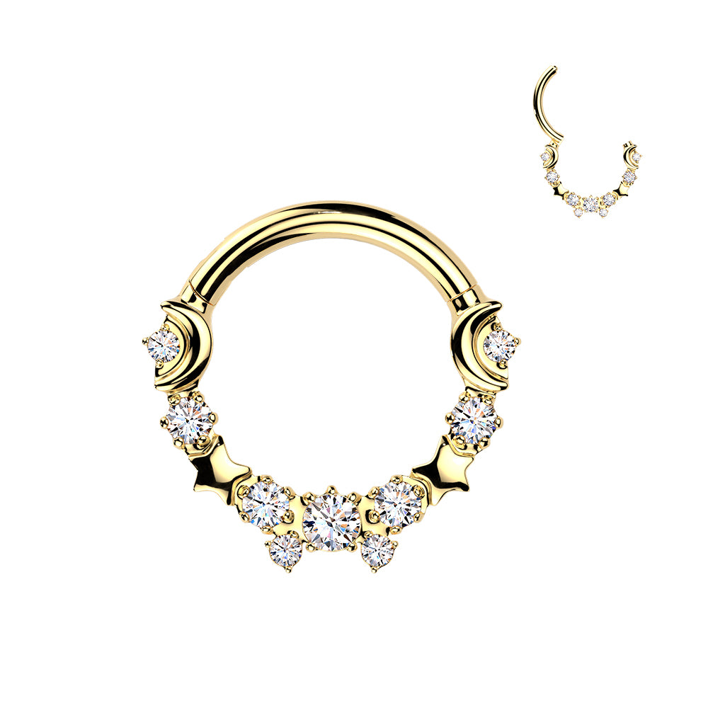 Titanium Hinged Crescent Moon and Star Segment Hoop Ring With Round CZs