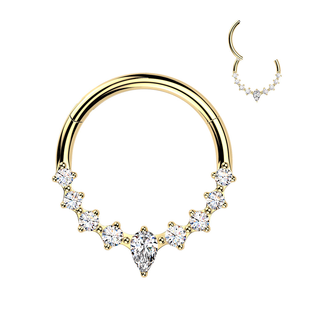 Titanium Hinged Segment Hoop Ring With Teardrop CZ Center And CZ Sides