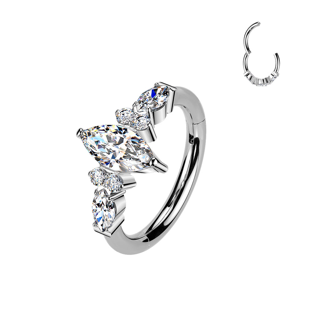 Marquise CZ Center Hinged Segment Hoop Ring With Outward Facing and Sides