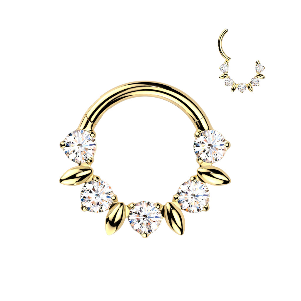 Implant Grade Titanium Hinged Segment Hoop Ring With Forward Facing CZ And Leaves In Between