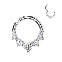 Load image into Gallery viewer, Titanium Hinged 5 Heart CZ Segment Hoop Ring With Round CZ Ends
