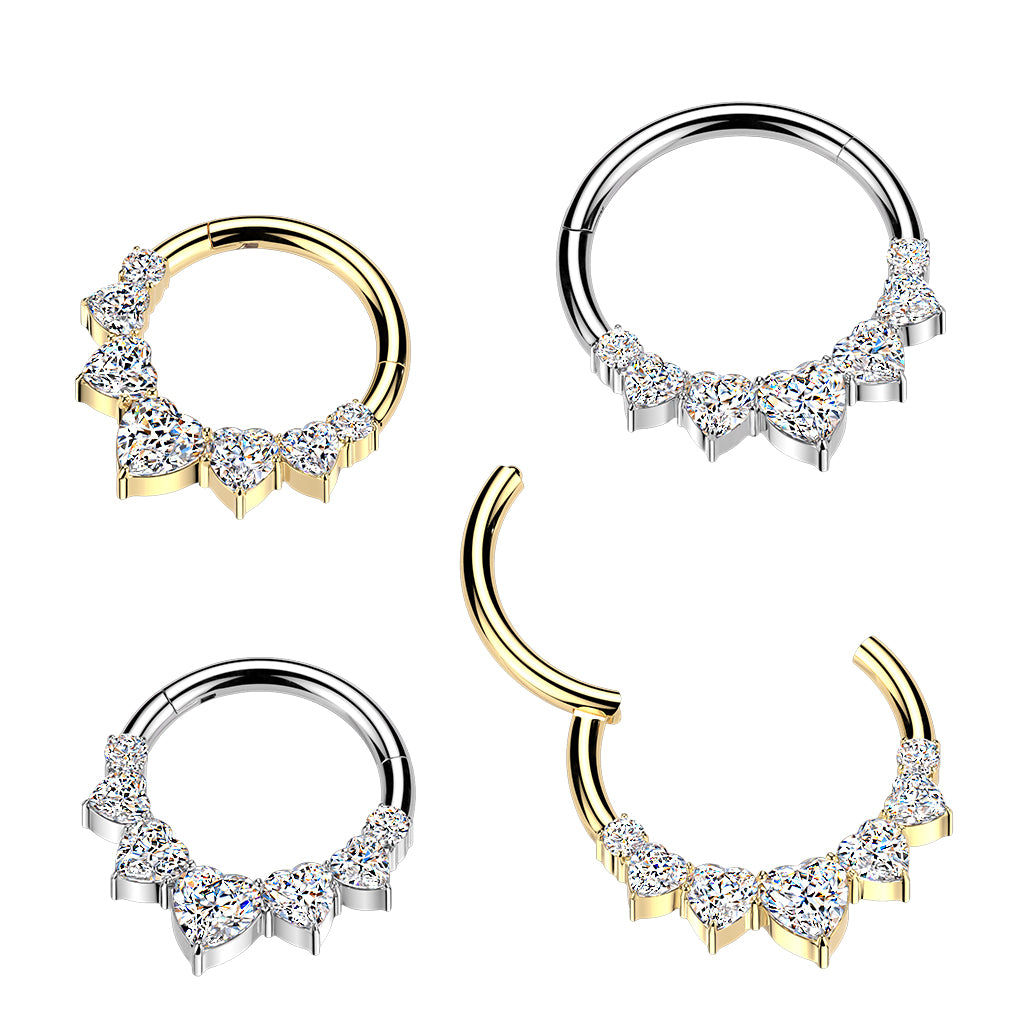 Titanium Hinged 5 Heart CZ Segment Hoop Ring With Round CZ Ends