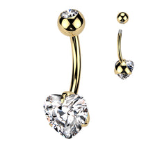 Load image into Gallery viewer, Implant Grade Titanium Externally Threaded Belly Button Ring | Double Jewel Prong Set Heart CZ
