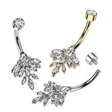 Load image into Gallery viewer, Implant Grade Titanium Internally Threaded Belly Button Ring | Bezel Set CZ Marquise Leaf Vine Design
