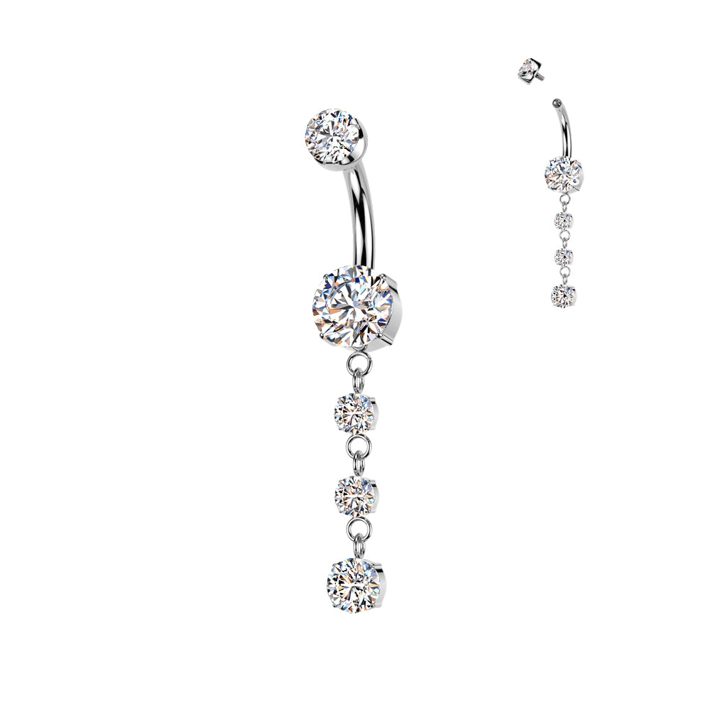 Implant Grade Titanium Internally Threaded Double Prong Set CZ Belly Button Ring With 3 Round Prong Set CZ Dangle