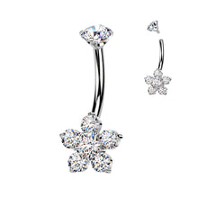 Load image into Gallery viewer, Titanium Internally Threaded Belly Ring | Prong Set CZ Top with Flower Design Navel Jewellery
