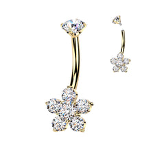 Load image into Gallery viewer, Titanium Internally Threaded Belly Ring | Prong Set CZ Top with Flower Design Navel Jewellery
