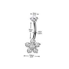 Load image into Gallery viewer, Titanium Internally Threaded Belly Ring | Prong Set CZ Top with Flower Design Navel Jewellery
