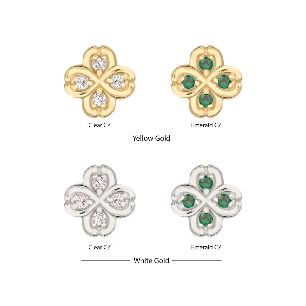 Initial Piercing - 14Kt Gold Threadless 4 Leaf Clover with Prong Gem Accents