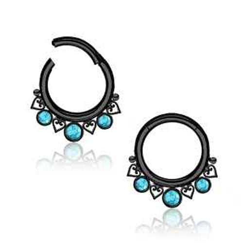 316L Black Pvd Filigree/synthetic Turquoise hinged ring