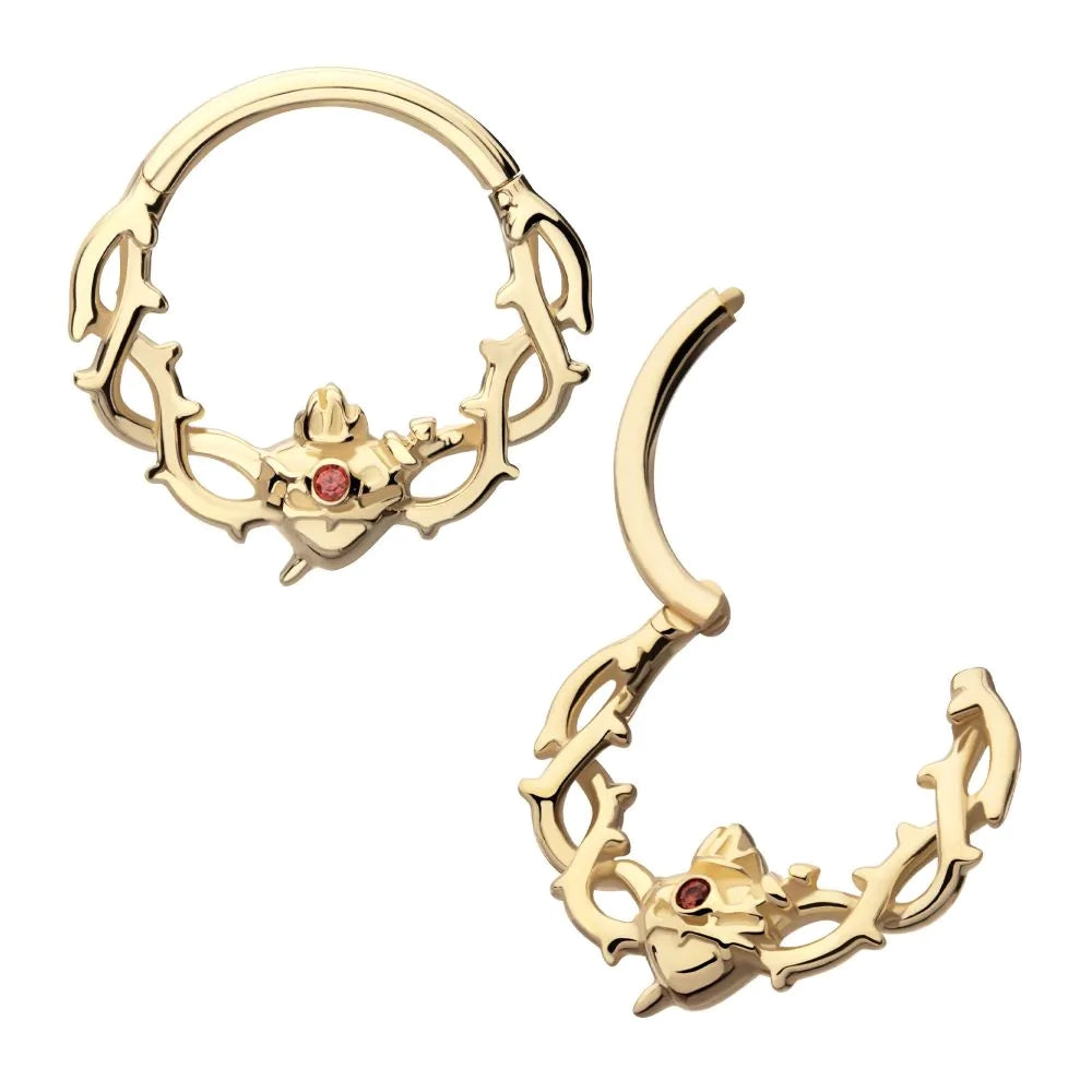 Initial Piercing - 14Kt Yellow Gold Sacred Heart with Dagger Crown of Thorns Garnet Bezel Gem Front Facing Hinged Segment Clicker