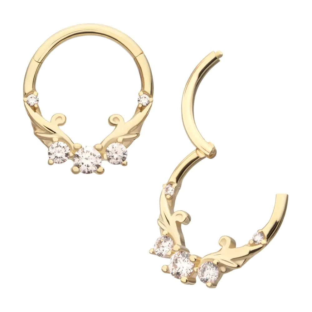 Initial Piercing - 14Kt Yellow Gold Double Swirled Vine with Prong Set Front Facing Hinged Segment Clicker