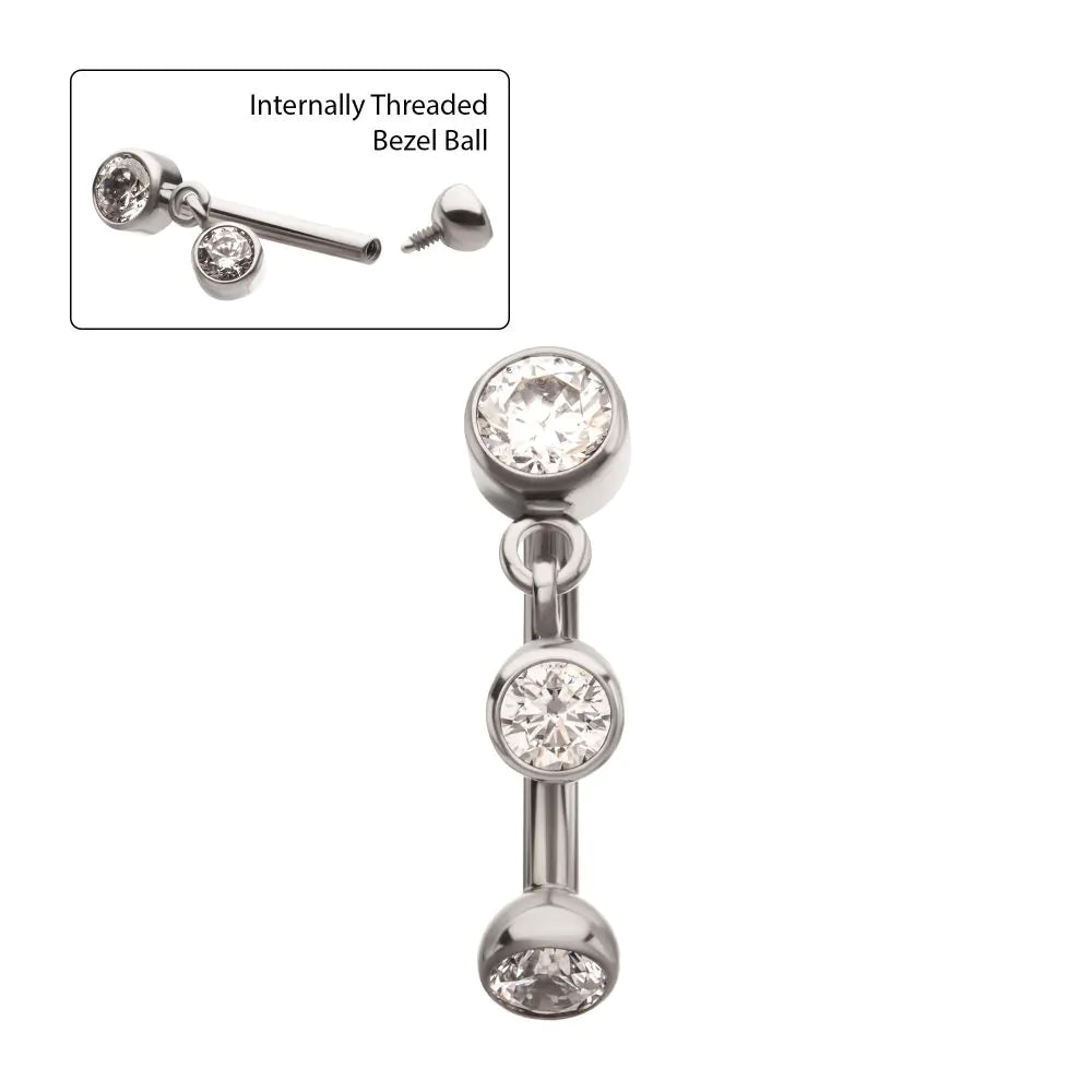 Titanium Internally Threaded Bezel Gem Fixed Top Curved Barbell with Floating Round CZ Dangle