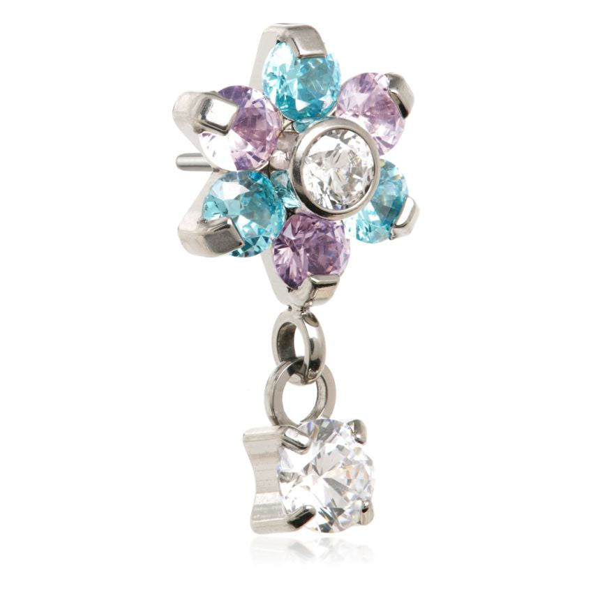 Jewelled Flower with hanging gem on a push fit titanium labret